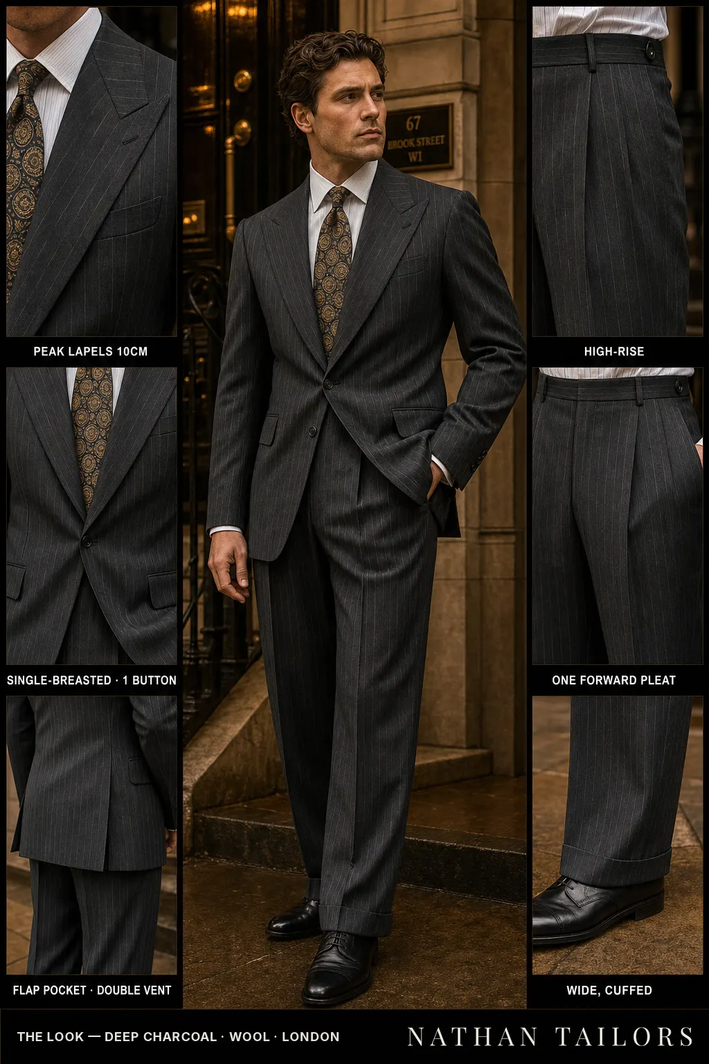 deep charcoal pinstripe single-breasted peak-lapel bespoke suit — AI-rendered by Nathan Tailors, the Hoi An custom tailor. Available as a custom tailored suit from $149.
