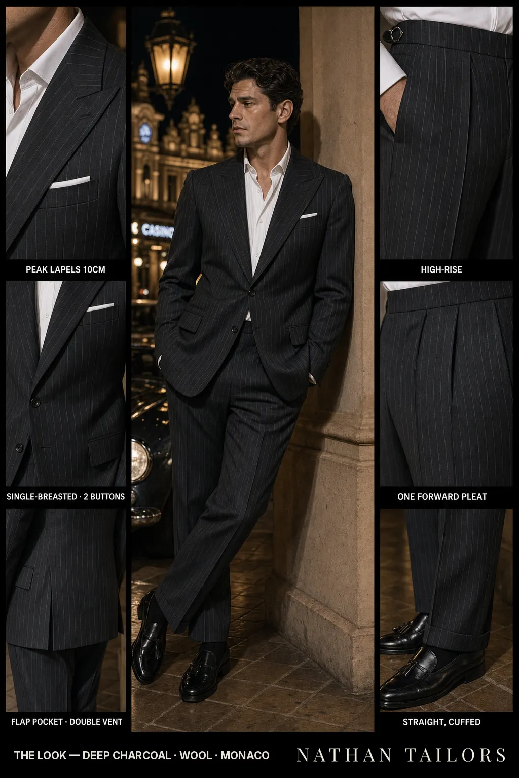 deep charcoal pinstripe single-breasted peak-lapel bespoke suit โ AI-rendered by Nathan Tailors, the Hoi An custom tailor. Available as a custom tailored suit from $149.