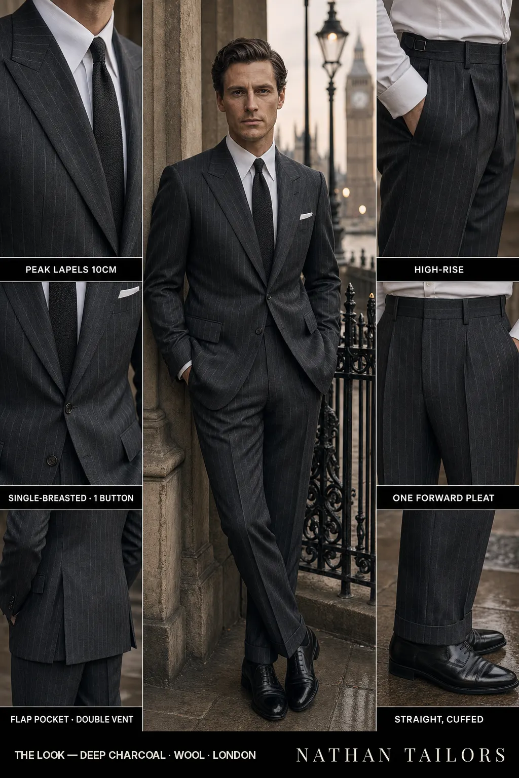 deep charcoal pinstripe single-breasted peak-lapel bespoke suit — AI-rendered by Nathan Tailors, the Hoi An custom tailor. Available as a custom tailored suit from $149.