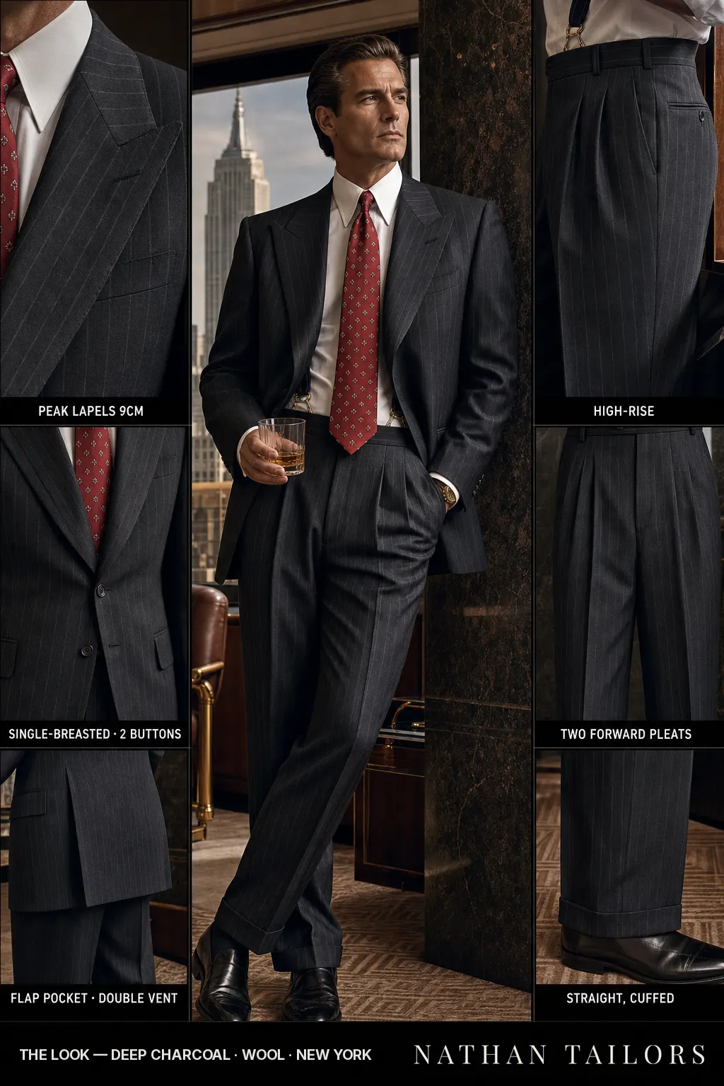deep charcoal pinstripe single-breasted peak-lapel bespoke suit — AI-rendered by Nathan Tailors, the Hoi An custom tailor. Available as a custom tailored suit from $149.