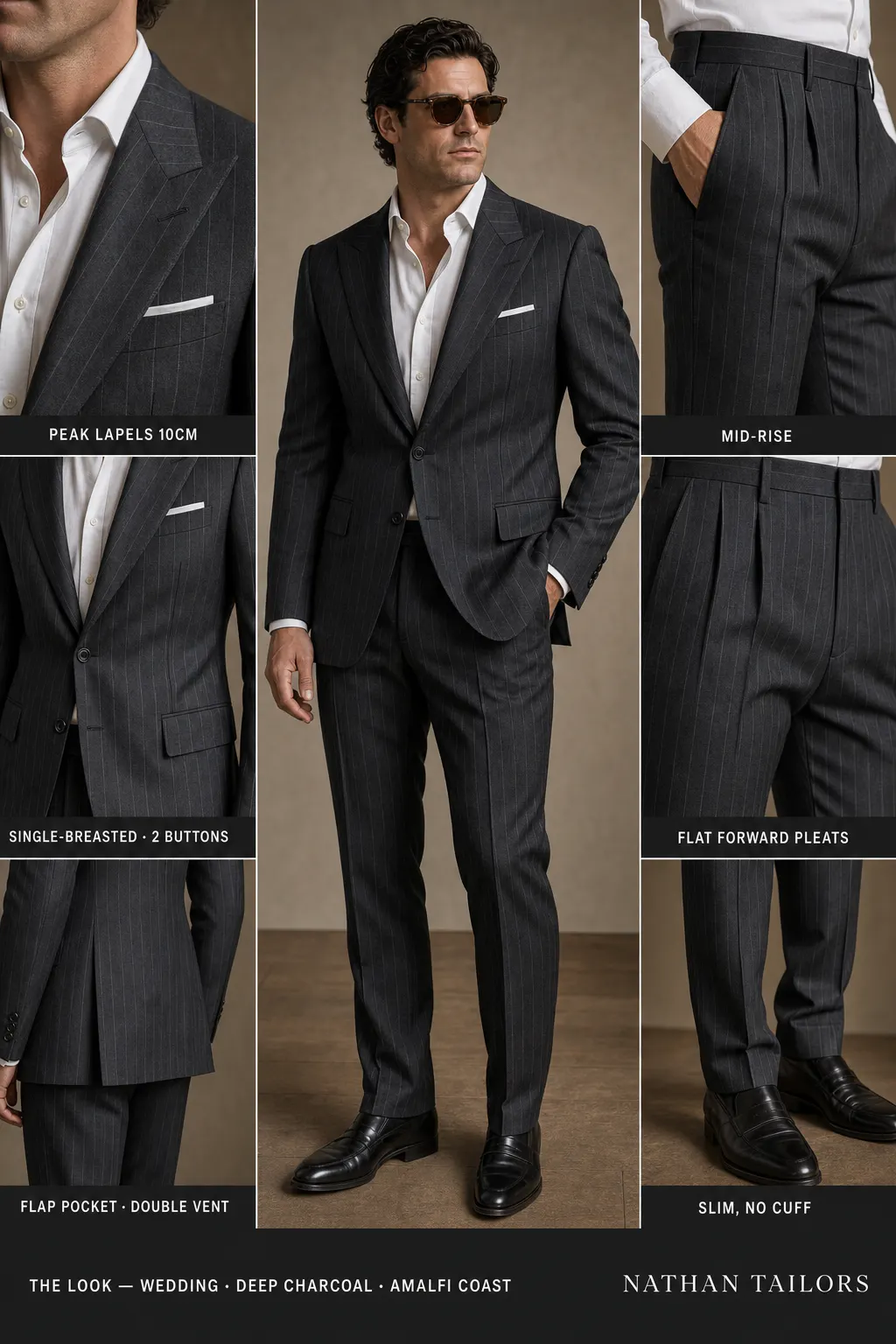 deep charcoal pinstripe single-breasted peak-lapel bespoke suit โ AI-rendered by Nathan Tailors, the Hoi An custom tailor. Available as a custom tailored suit from $149.