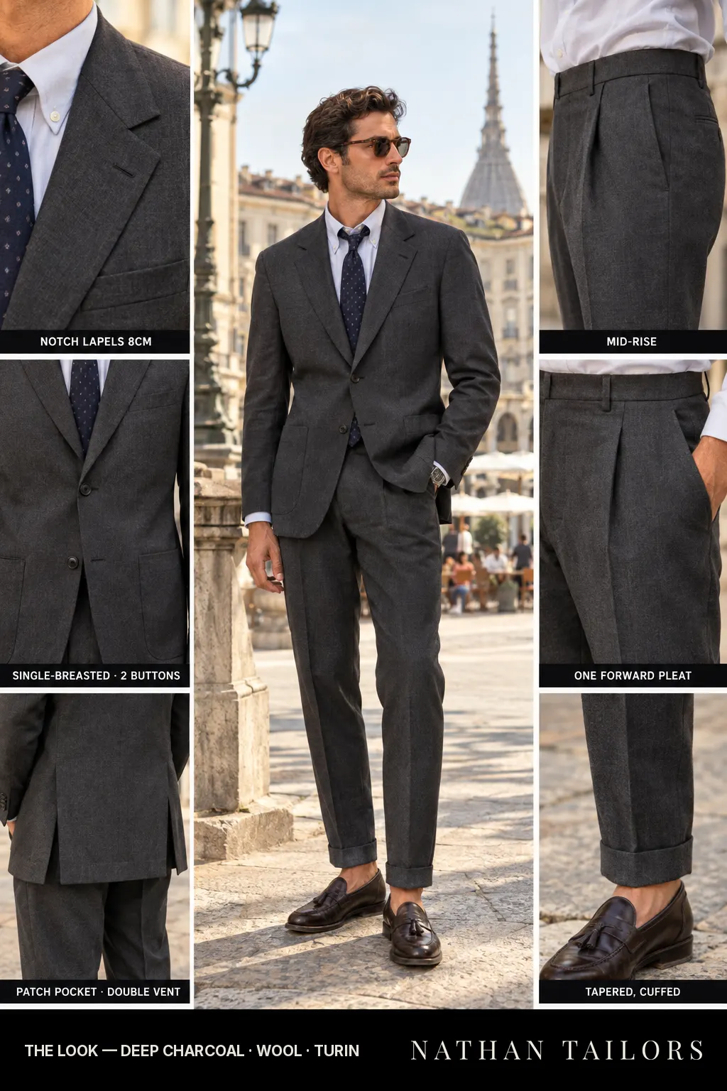 deep charcoal single-breasted bespoke suit โ custom tailored by Nathan Tailors, the Hoi An custom tailor