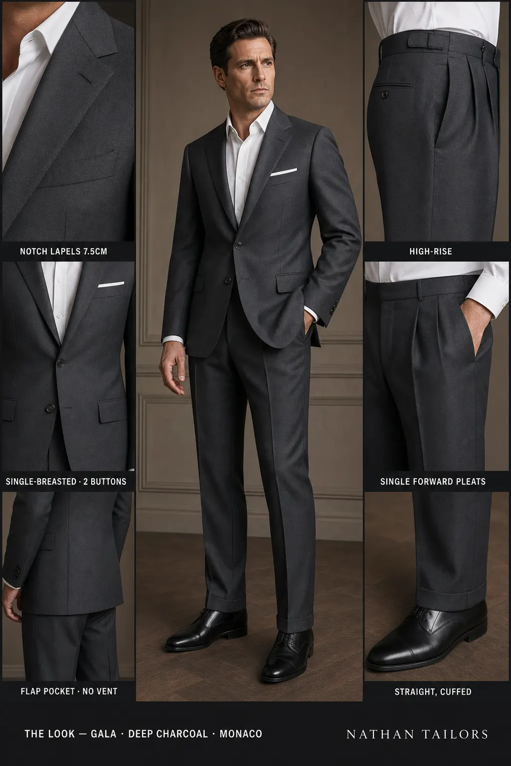 deep charcoal single-breasted notch-lapel bespoke suit โ AI-rendered by Nathan Tailors, the Hoi An custom tailor. Available as a custom tailored suit from $149.