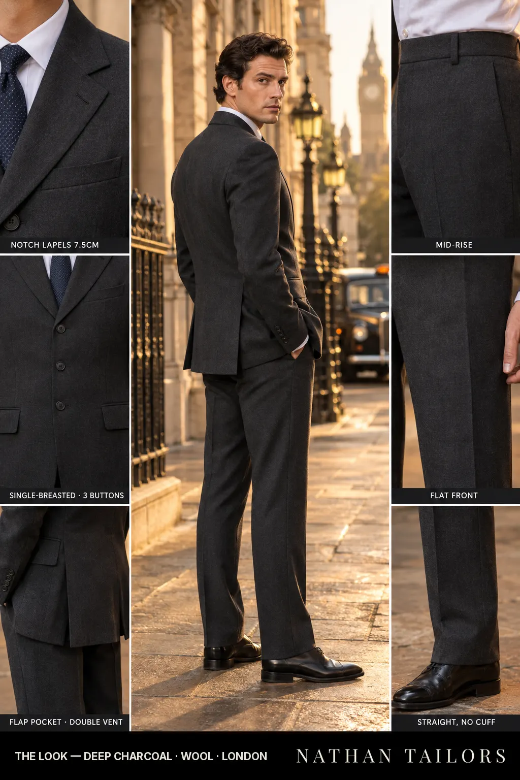 deep charcoal single-breasted notch-lapel bespoke suit — AI-rendered by Nathan Tailors, the Hoi An custom tailor. Available as a custom tailored suit from $169.