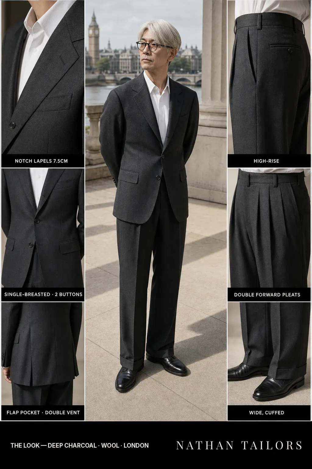deep charcoal single-breasted notch-lapel bespoke suit — AI-rendered by Nathan Tailors, the Hoi An custom tailor. Available as a custom tailored suit from $149.