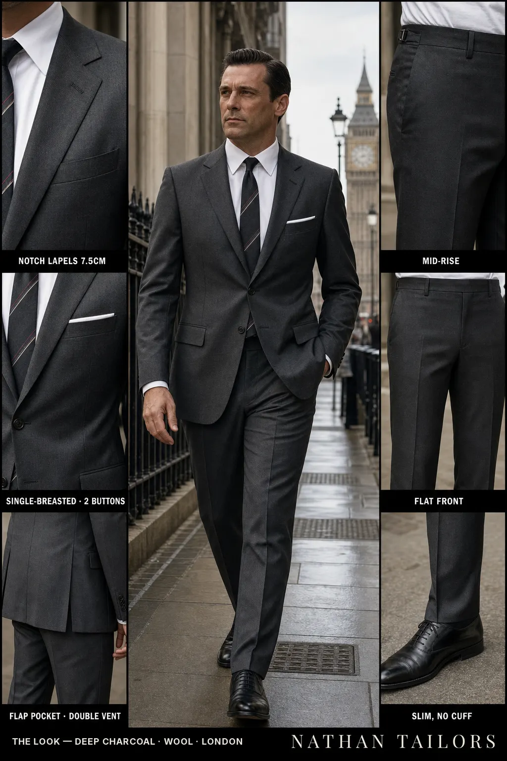 deep charcoal single-breasted notch-lapel bespoke suit — AI-rendered by Nathan Tailors, the Hoi An custom tailor. Available as a custom tailored suit from $149.