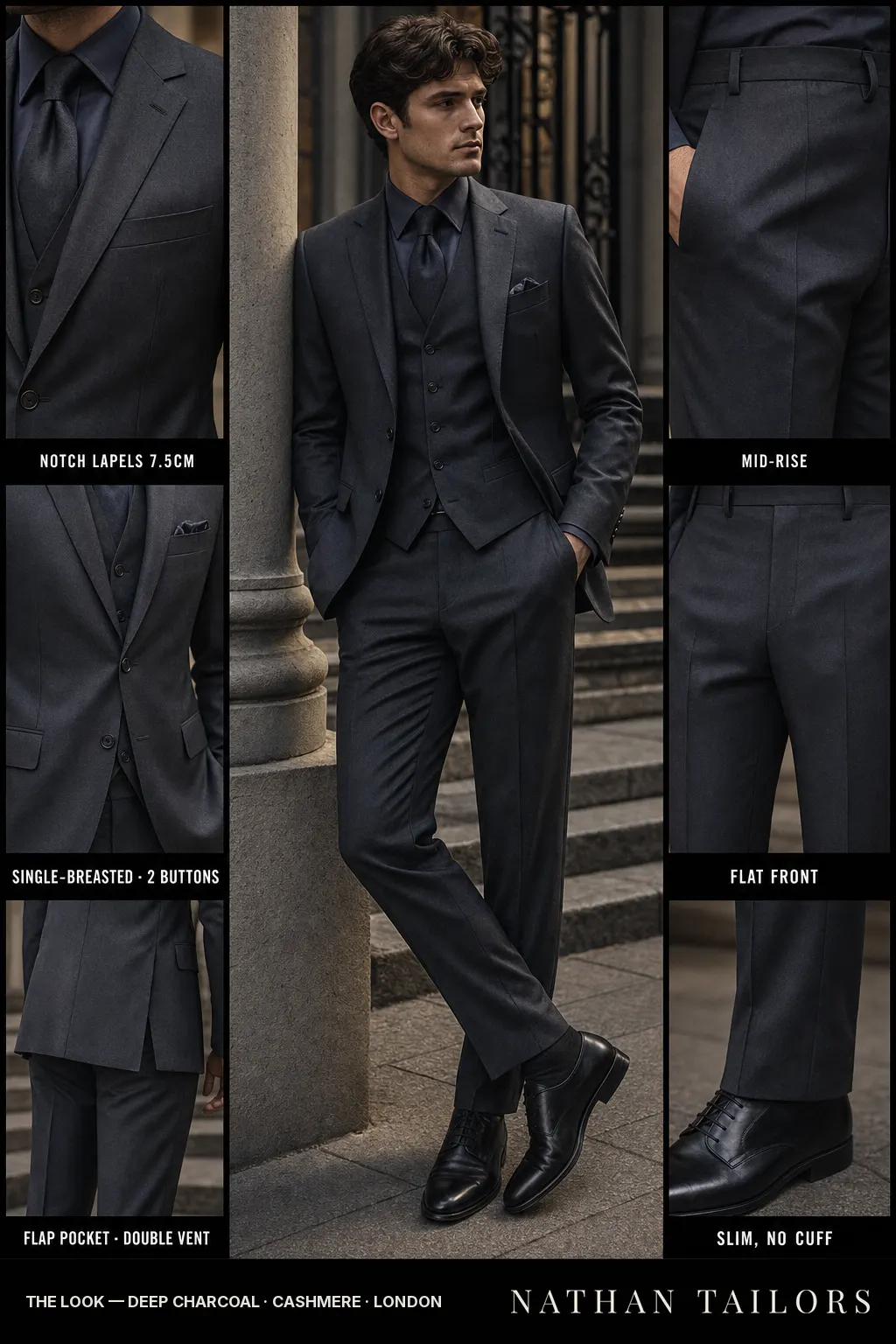 deep charcoal single-breasted notch-lapel bespoke suit — AI-rendered by Nathan Tailors, the Hoi An custom tailor. Available as a custom tailored suit from $149.