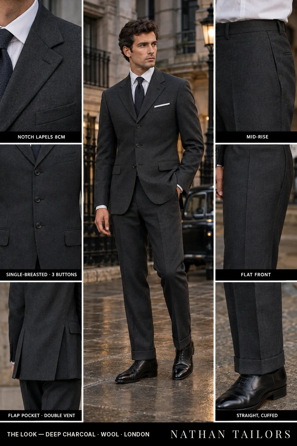 deep charcoal single-breasted bespoke suit — custom tailored by Nathan Tailors, the Hoi An custom tailor