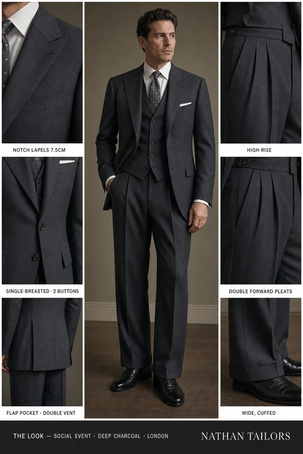 deep charcoal single-breasted notch-lapel bespoke suit — AI-rendered by Nathan Tailors, the Hoi An custom tailor. Available as a custom tailored suit from $149.