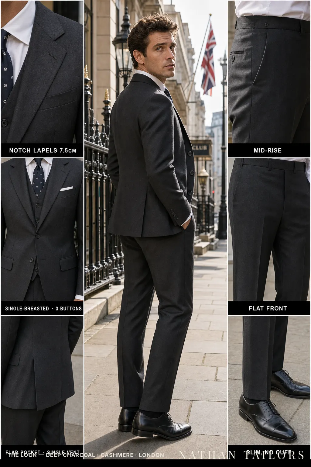 deep charcoal single-breasted notch-lapel bespoke suit — AI-rendered by Nathan Tailors, the Hoi An custom tailor. Available as a custom tailored suit from $149.