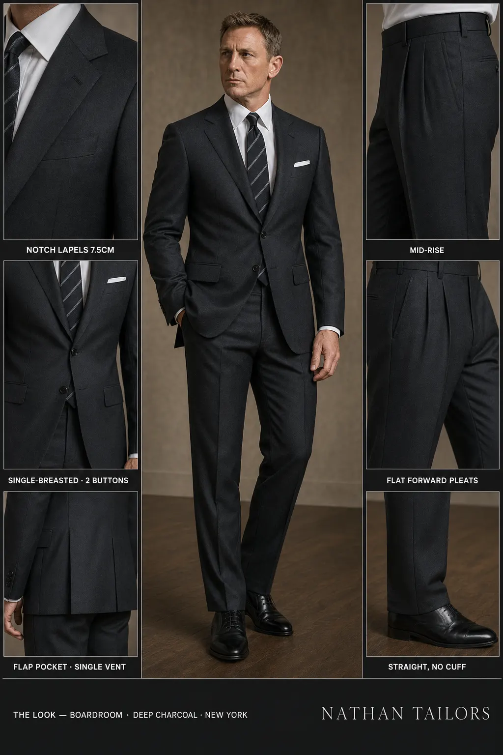 deep charcoal single-breasted notch-lapel bespoke suit โ AI-rendered by Nathan Tailors, the Hoi An custom tailor. Available as a custom tailored suit from $149.