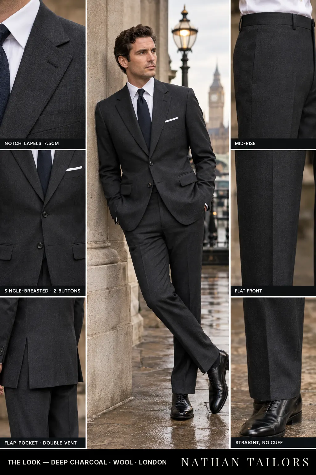 deep charcoal single-breasted bespoke suit โ custom tailored by Nathan Tailors, the Hoi An custom tailor