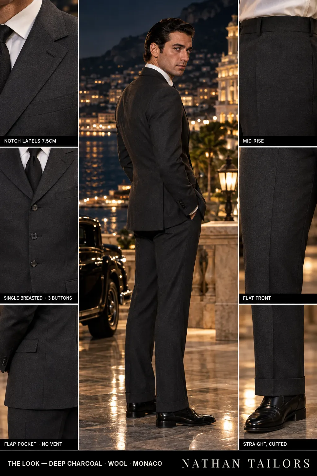 deep charcoal single-breasted bespoke suit โ custom tailored by Nathan Tailors, the Hoi An custom tailor