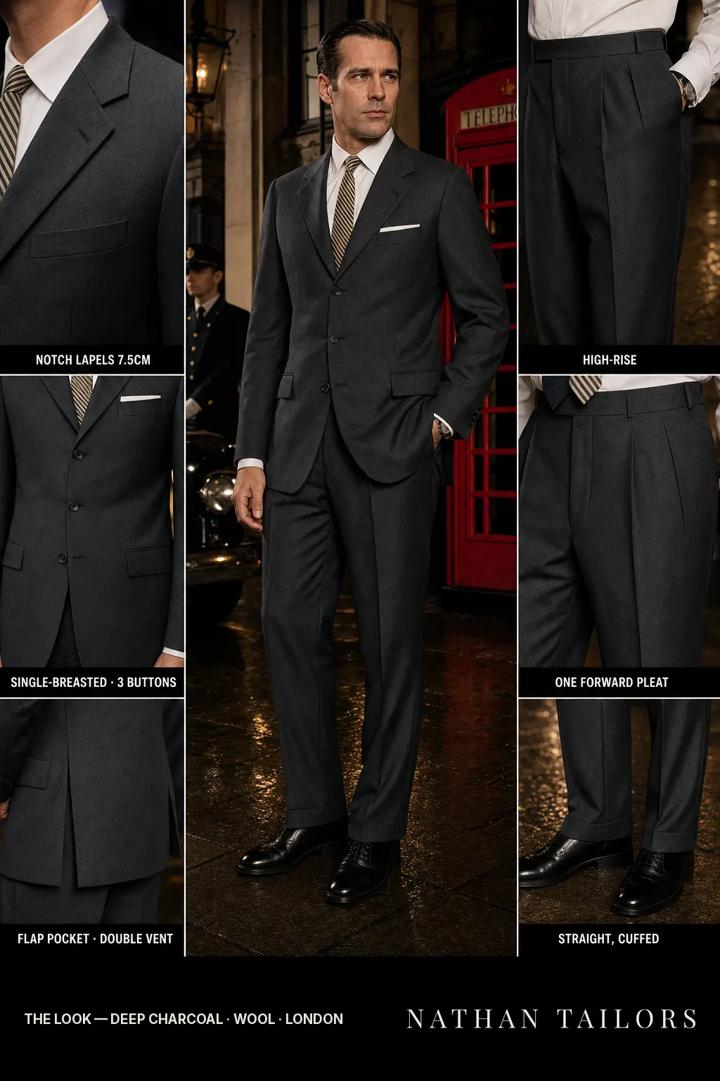 deep charcoal single-breasted notch-lapel bespoke suit — AI-rendered by Nathan Tailors, the Hoi An custom tailor. Available as a custom tailored suit from $149.