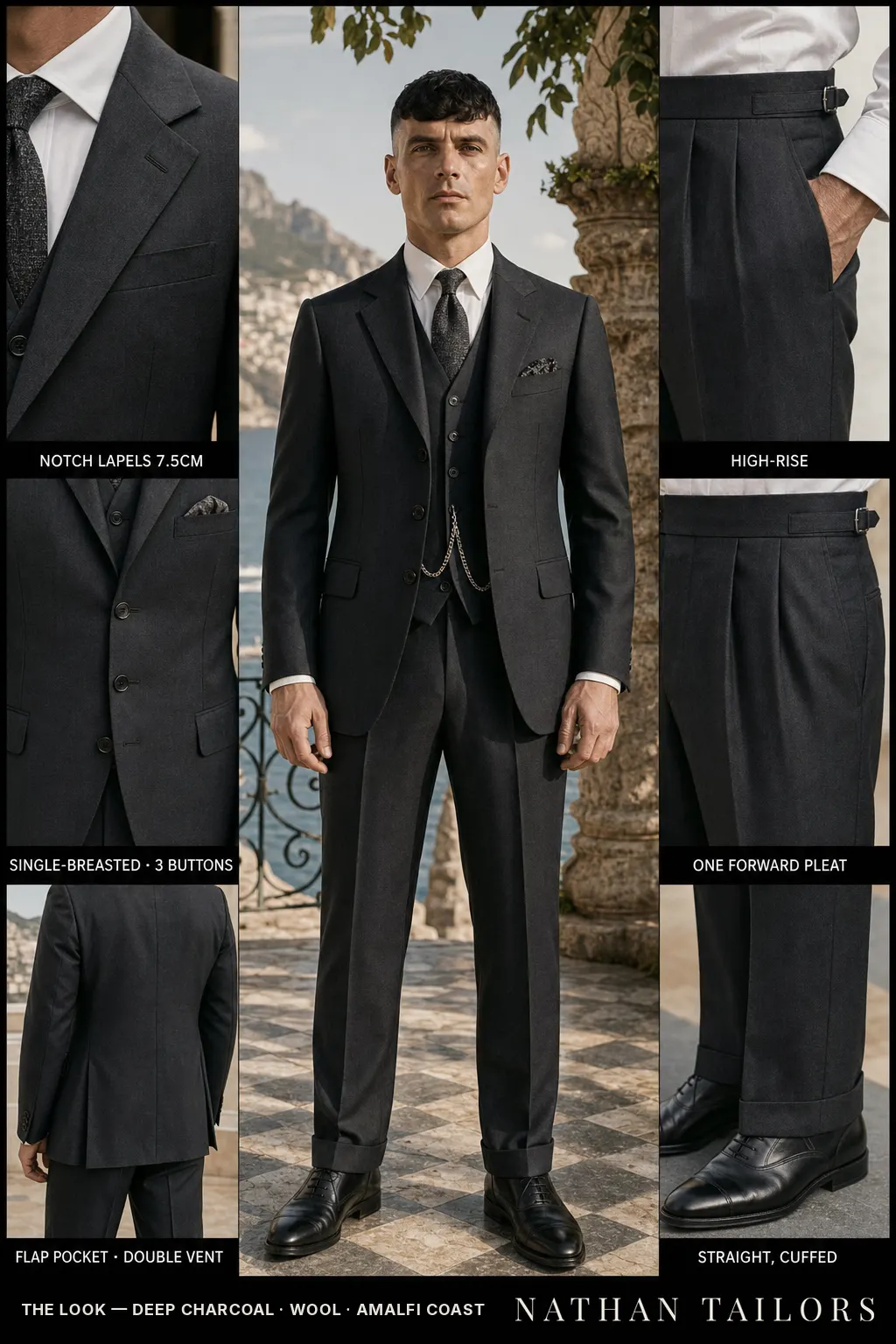 deep charcoal single-breasted notch-lapel bespoke suit — AI-rendered by Nathan Tailors, the Hoi An custom tailor. Available as a custom tailored suit from $169.