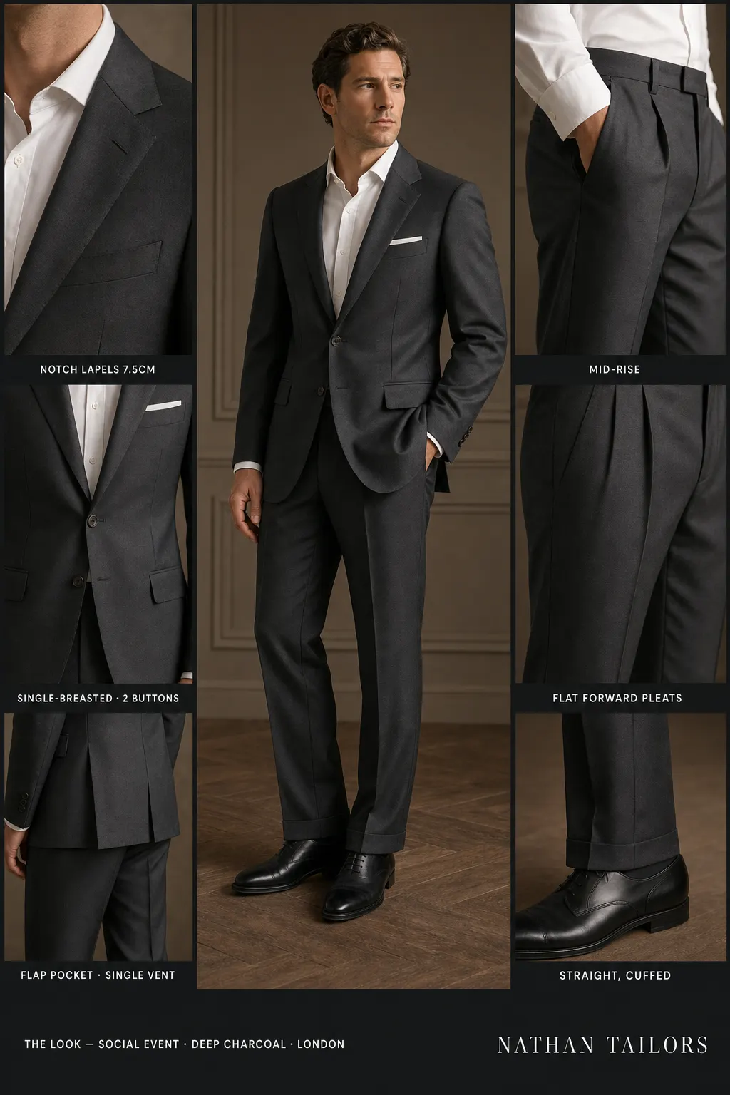 deep charcoal single-breasted notch-lapel bespoke suit — AI-rendered by Nathan Tailors, the Hoi An custom tailor. Available as a custom tailored suit from $149.