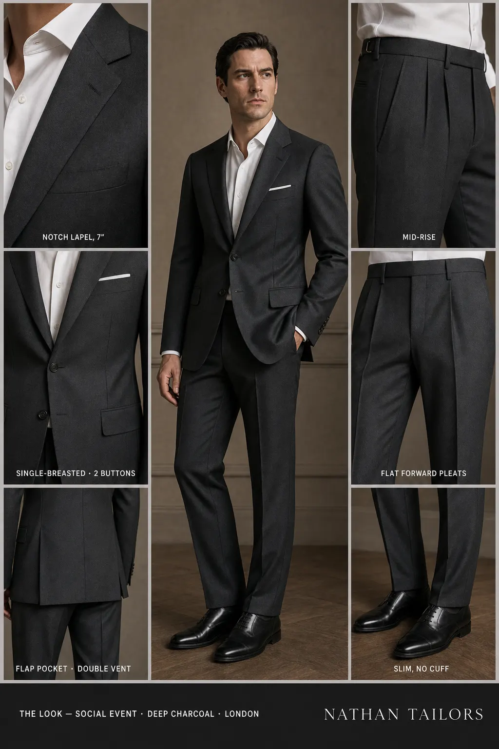 deep charcoal single-breasted notch-lapel bespoke suit — AI-rendered by Nathan Tailors, the Hoi An custom tailor. Available as a custom tailored suit from $149.