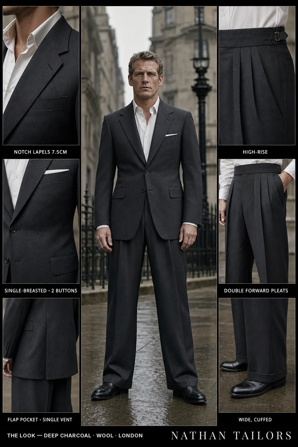 deep charcoal single-breasted notch-lapel bespoke suit โ AI-rendered by Nathan Tailors, the Hoi An custom tailor. Available as a custom tailored suit from $149.