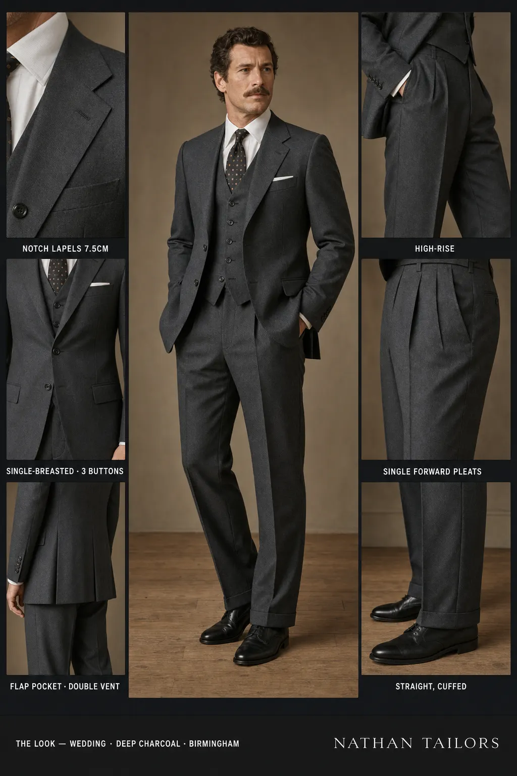 deep charcoal single-breasted notch-lapel bespoke suit โ AI-rendered by Nathan Tailors, the Hoi An custom tailor. Available as a custom tailored suit from $149.