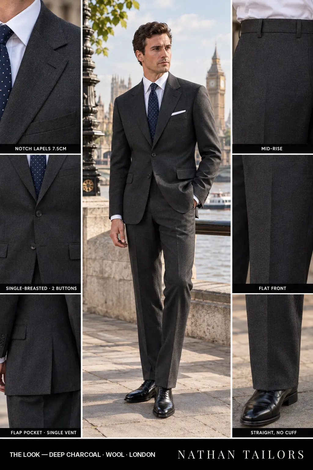 deep charcoal single-breasted bespoke suit — custom tailored by Nathan Tailors, the Hoi An custom tailor