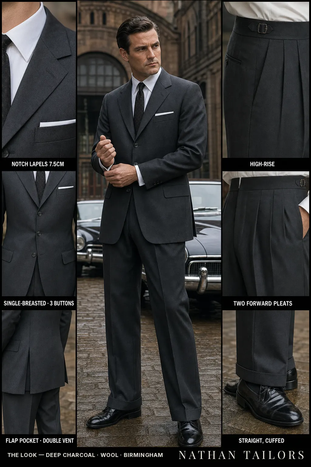 deep charcoal single-breasted notch-lapel bespoke suit — AI-rendered by Nathan Tailors, the Hoi An custom tailor. Available as a custom tailored suit from $149.