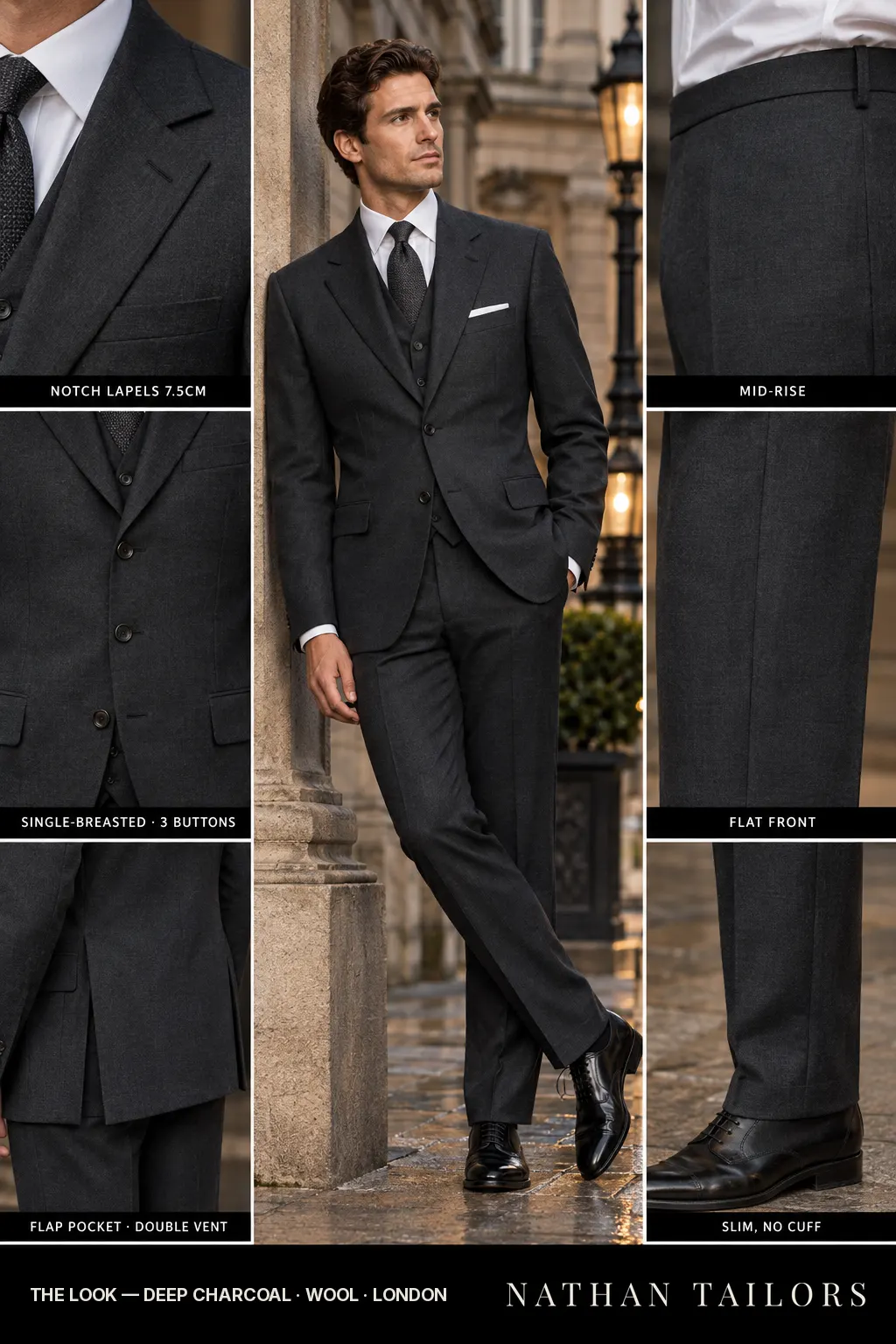 deep charcoal single-breasted bespoke suit — custom tailored by Nathan Tailors, the Hoi An custom tailor