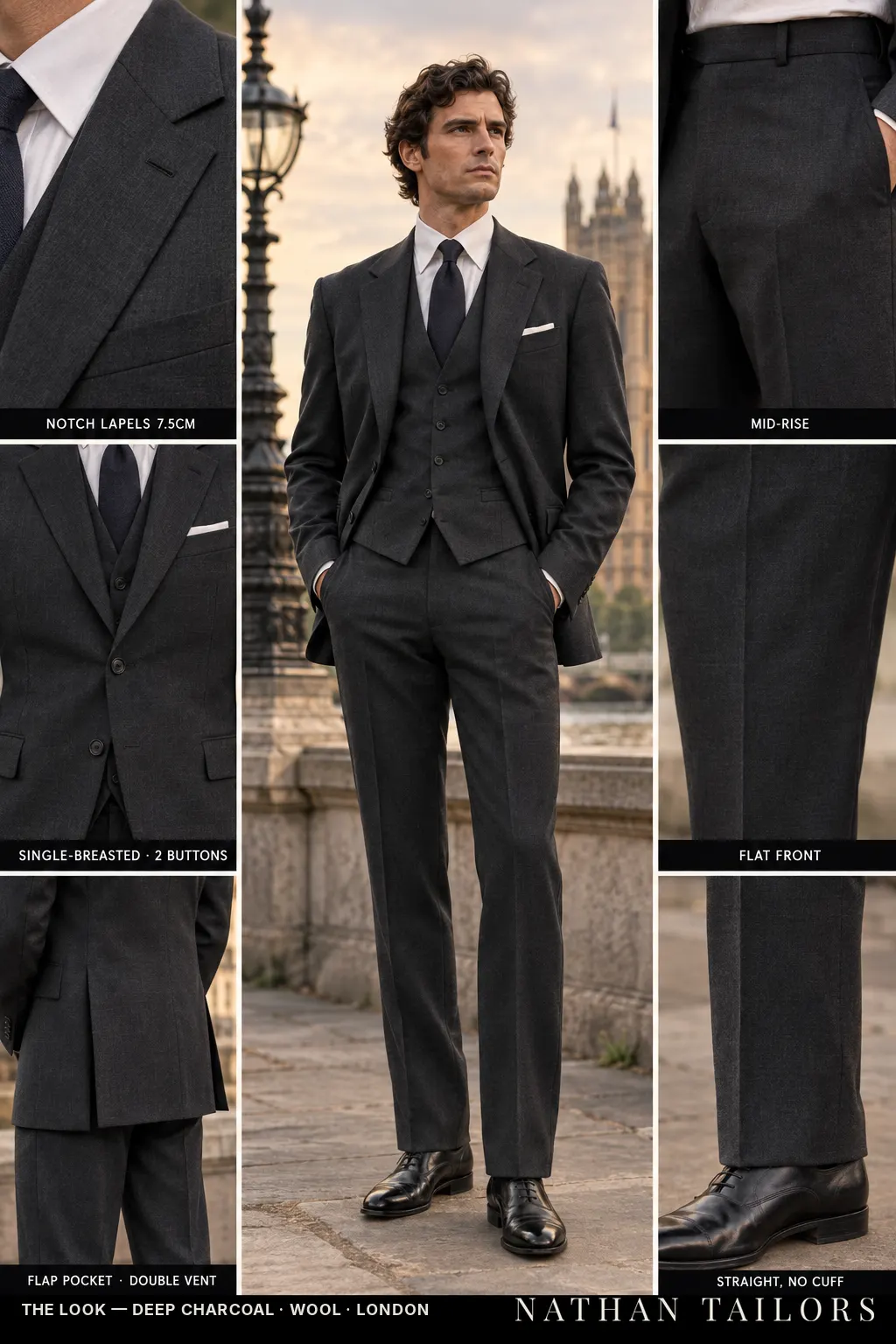deep charcoal single-breasted bespoke suit — custom tailored by Nathan Tailors, the Hoi An custom tailor