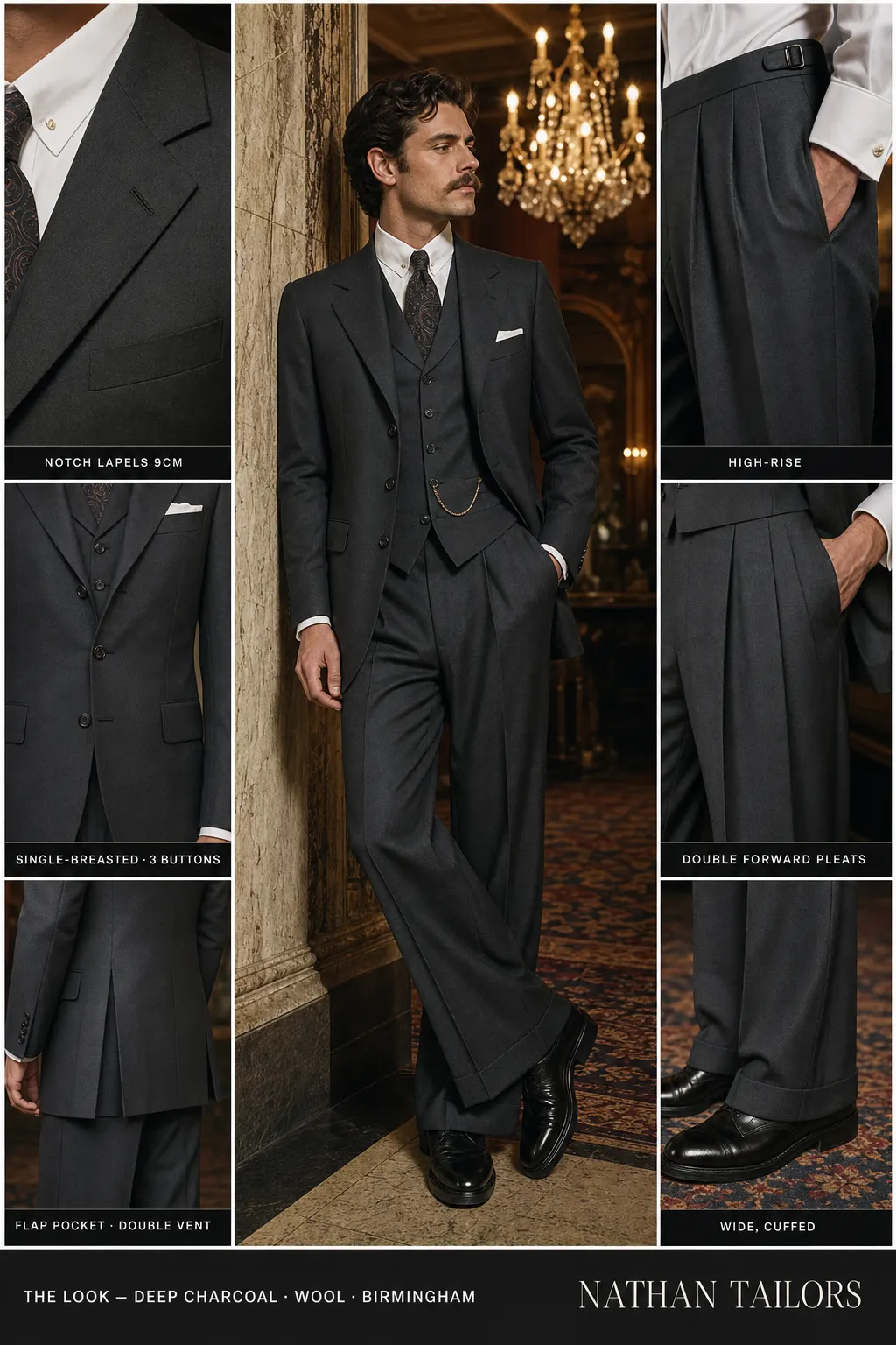 deep charcoal single-breasted notch-lapel bespoke suit — AI-rendered by Nathan Tailors, the Hoi An custom tailor. Available as a custom tailored suit from $149.