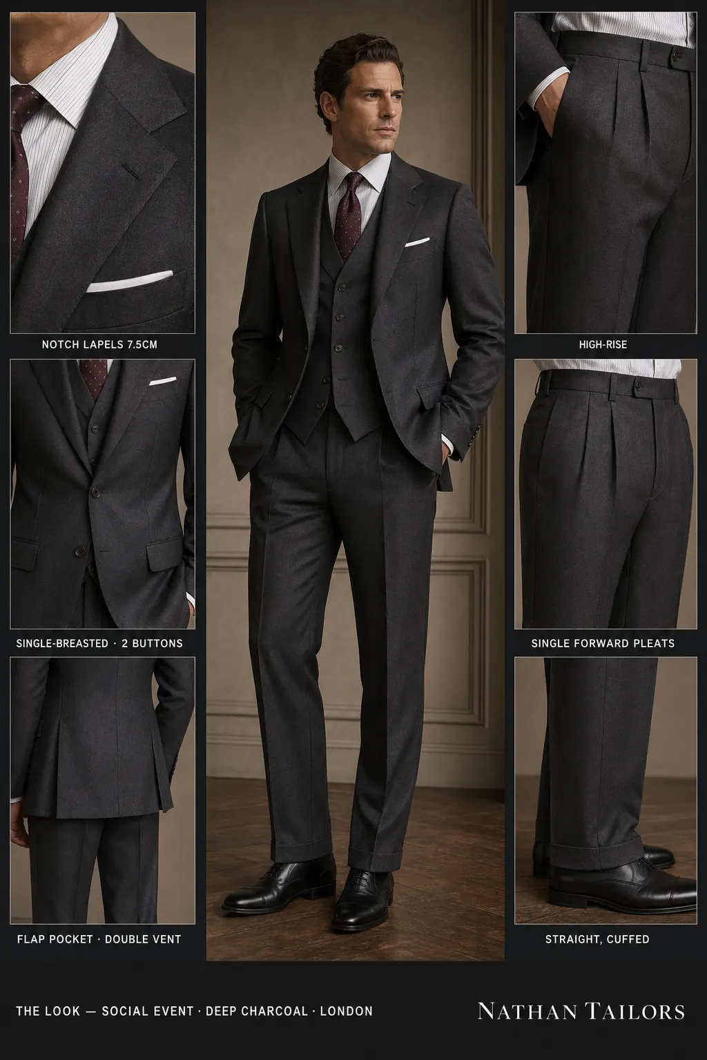 deep charcoal single-breasted notch-lapel bespoke suit — AI-rendered by Nathan Tailors, the Hoi An custom tailor. Available as a custom tailored suit from $149.