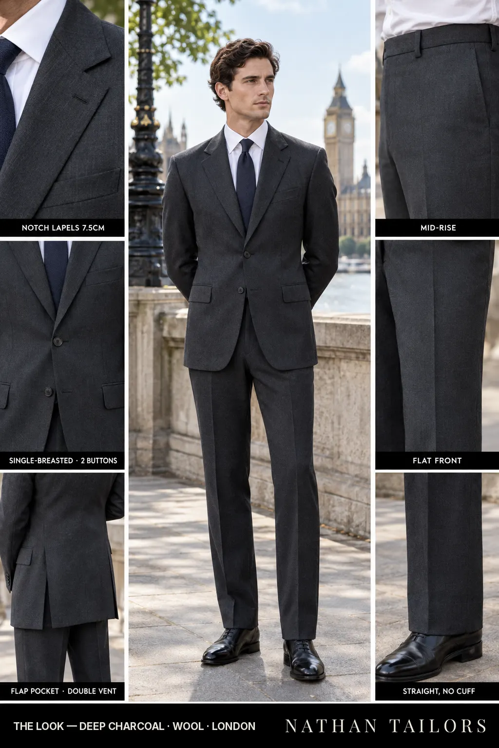 deep charcoal single-breasted bespoke suit โ custom tailored by Nathan Tailors, the Hoi An custom tailor