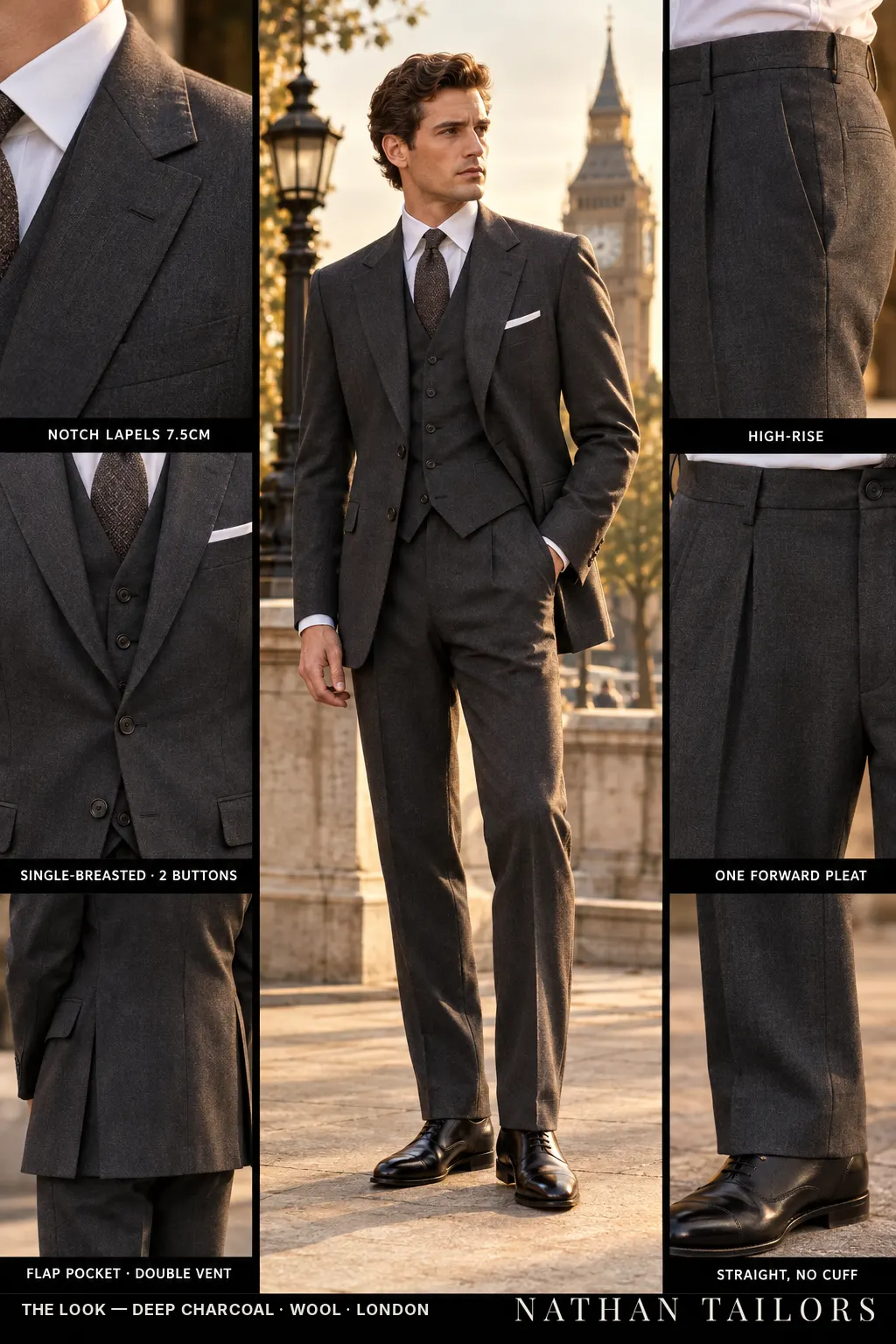 deep charcoal single-breasted bespoke suit — custom tailored by Nathan Tailors, the Hoi An custom tailor