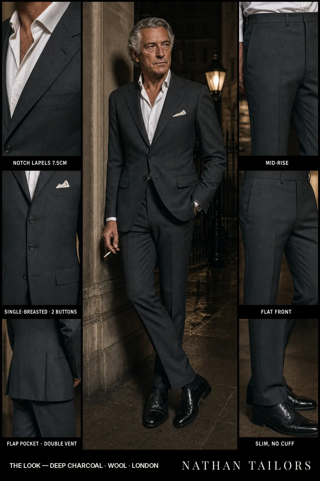 deep charcoal single-breasted notch-lapel bespoke suit — AI-rendered by Nathan Tailors, the Hoi An custom tailor. Available as a custom tailored suit from $149.
