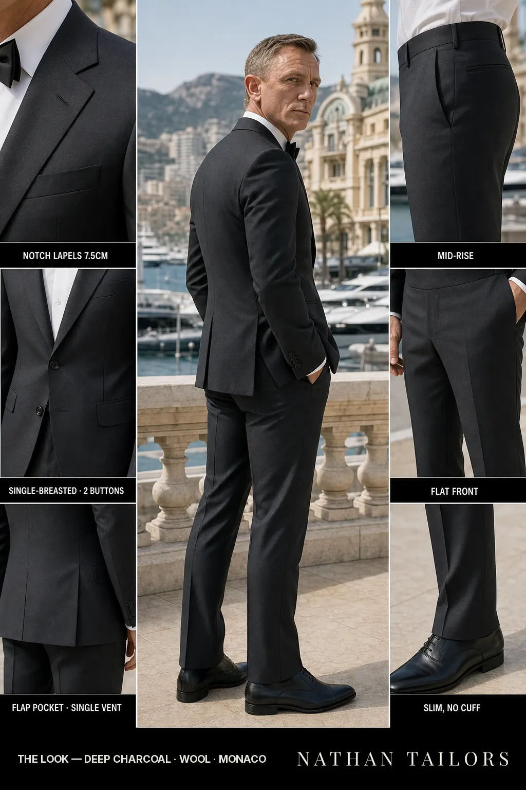 deep charcoal single-breasted notch-lapel bespoke suit โ AI-rendered by Nathan Tailors, the Hoi An custom tailor. Available as a custom tailored suit from $149.