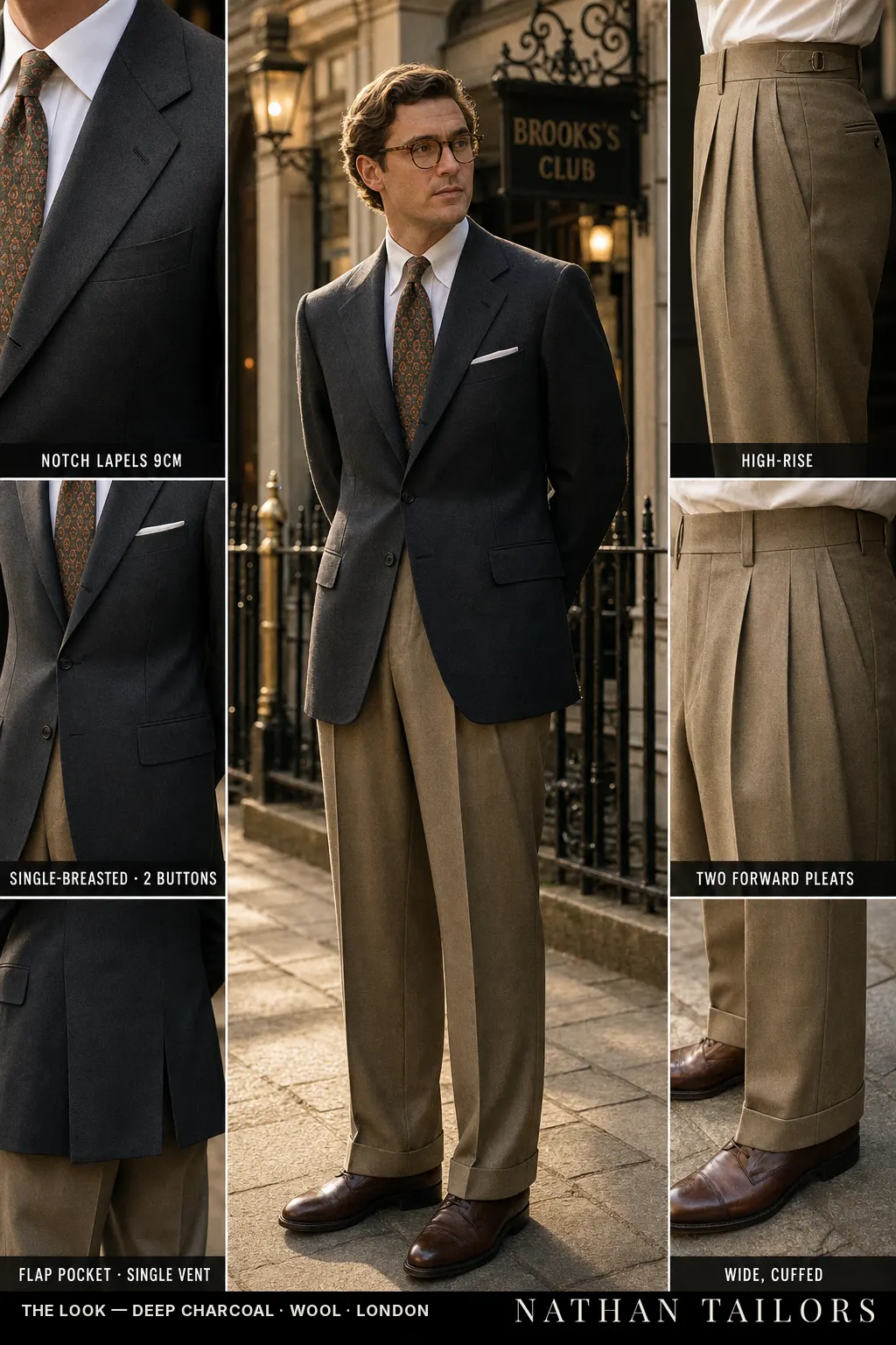 deep charcoal single-breasted notch-lapel bespoke suit — AI-rendered by Nathan Tailors, the Hoi An custom tailor. Available as a custom tailored suit from $149.