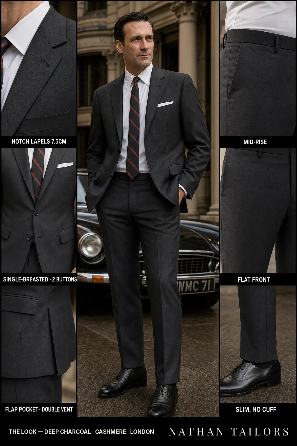 deep charcoal single-breasted bespoke suit — custom tailored by Nathan Tailors, the Hoi An custom tailor