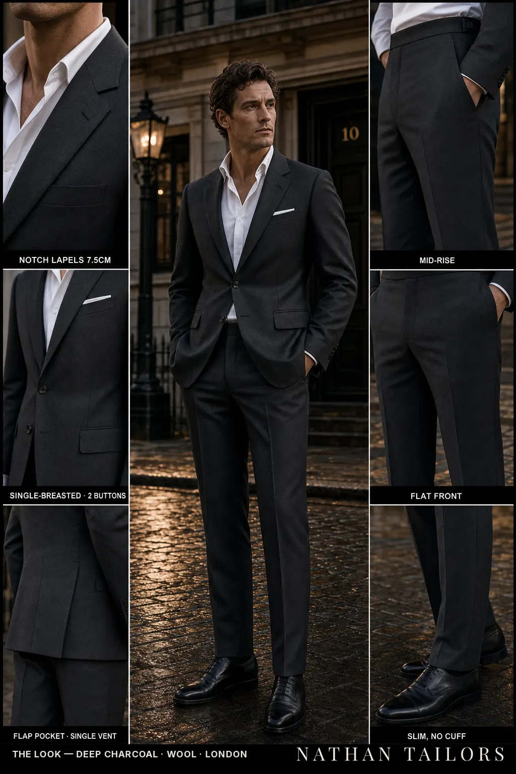 deep charcoal single-breasted notch-lapel bespoke suit โ AI-rendered by Nathan Tailors, the Hoi An custom tailor. Available as a custom tailored suit from $149.