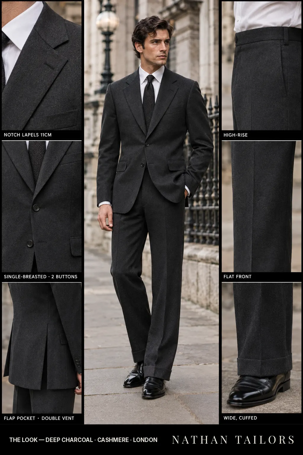 deep charcoal single-breasted bespoke suit — custom tailored by Nathan Tailors, the Hoi An custom tailor
