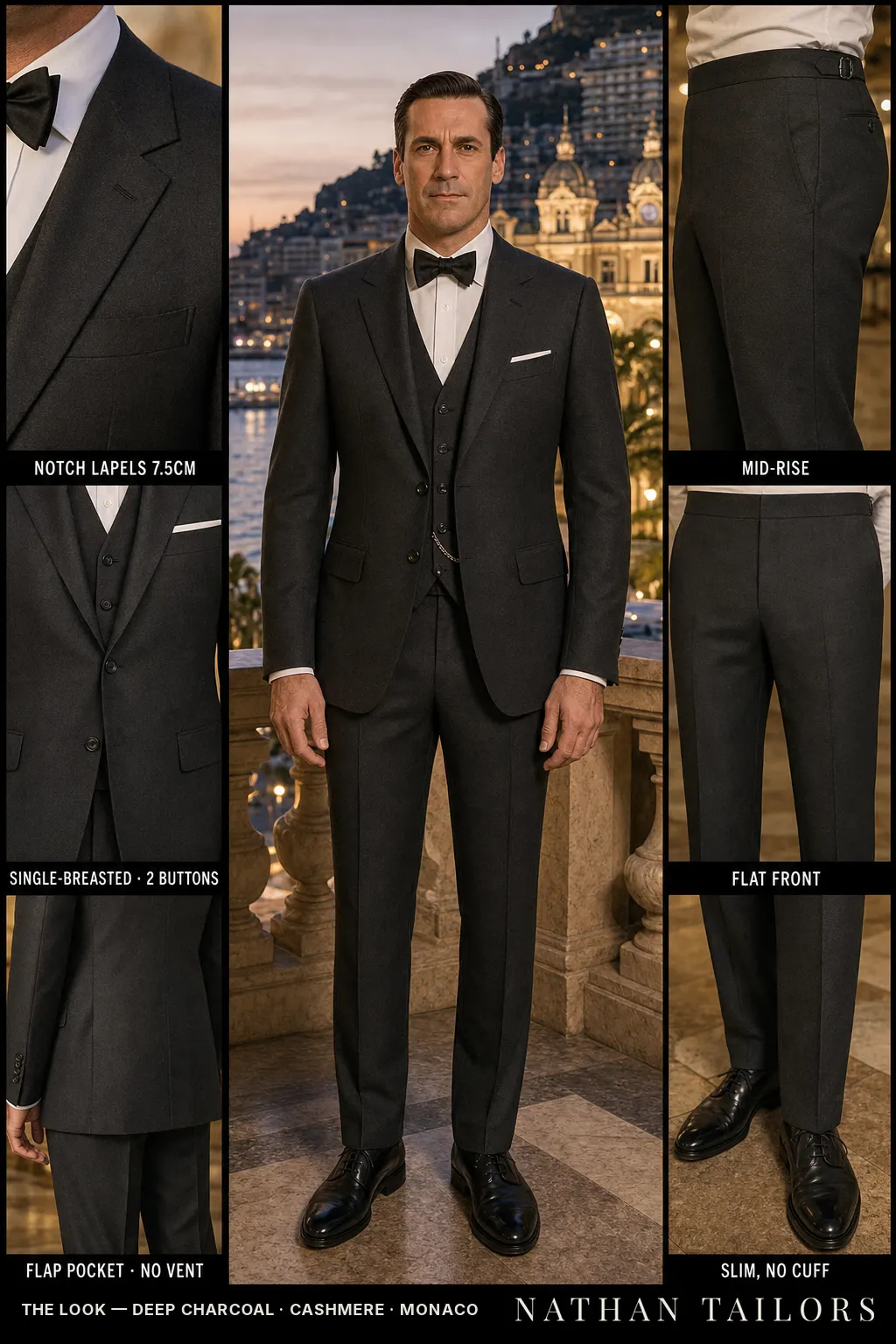 deep charcoal single-breasted notch-lapel bespoke suit — AI-rendered by Nathan Tailors, the Hoi An custom tailor. Available as a custom tailored suit from $149.