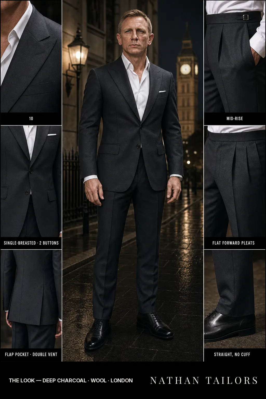 deep charcoal single-breasted notch-lapel bespoke suit — AI-rendered by Nathan Tailors, the Hoi An custom tailor. Available as a custom tailored suit from $149.