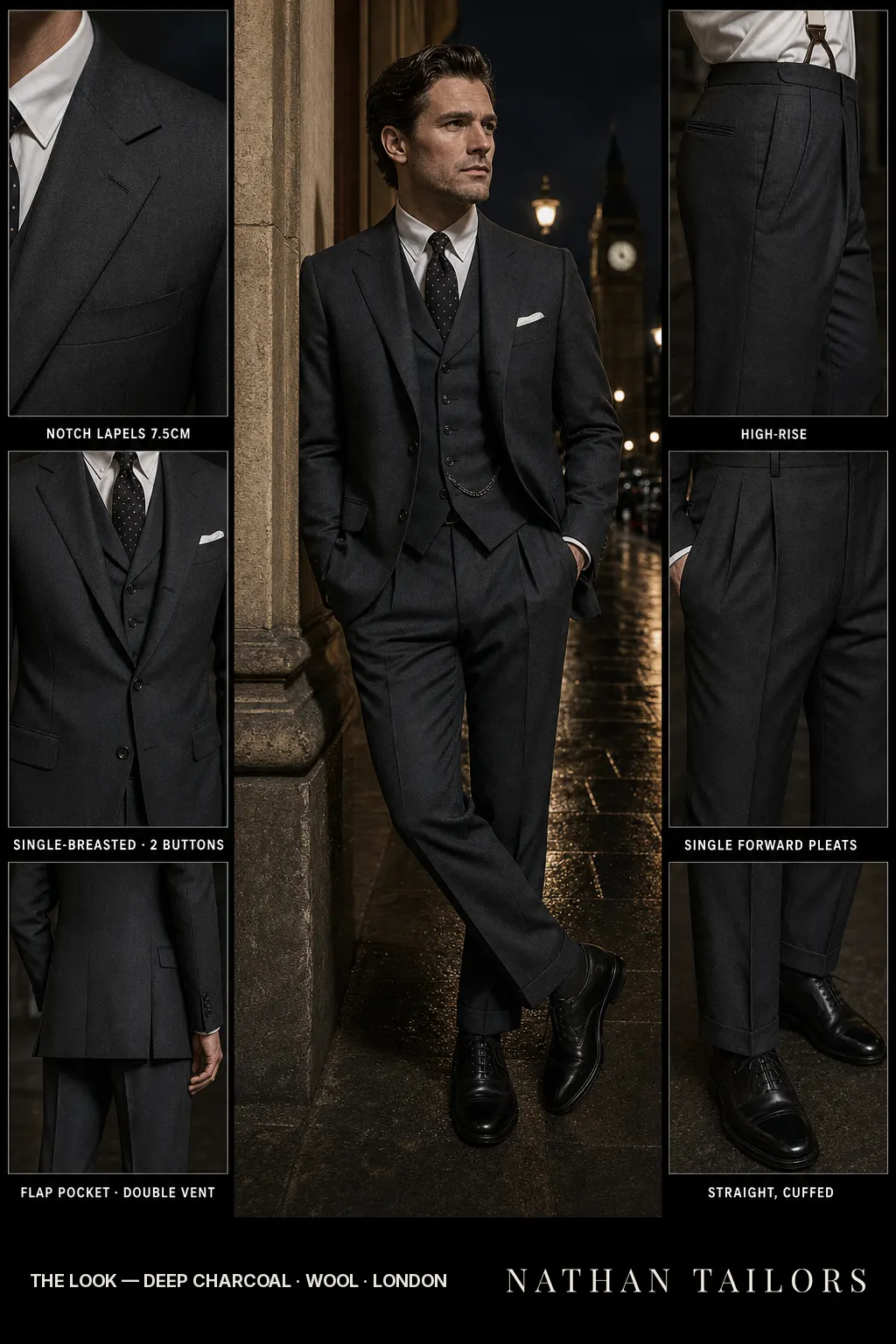 deep charcoal single-breasted notch-lapel bespoke suit — AI-rendered by Nathan Tailors, the Hoi An custom tailor. Available as a custom tailored suit from $149.