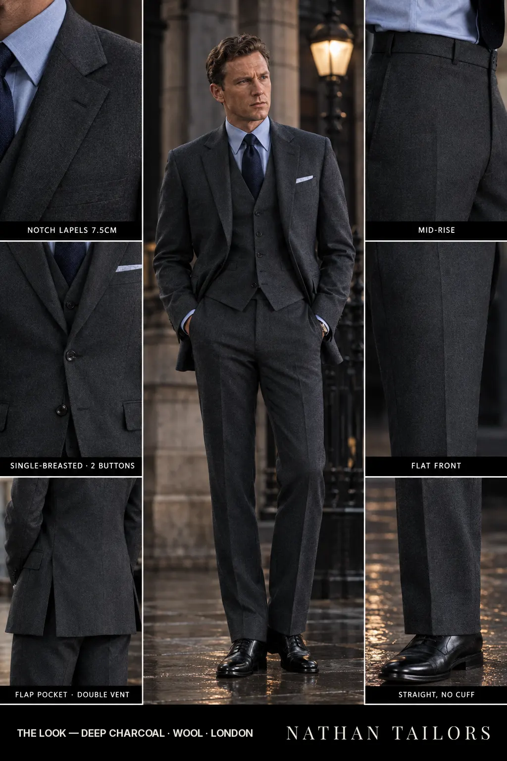 deep charcoal single-breasted bespoke suit โ custom tailored by Nathan Tailors, the Hoi An custom tailor