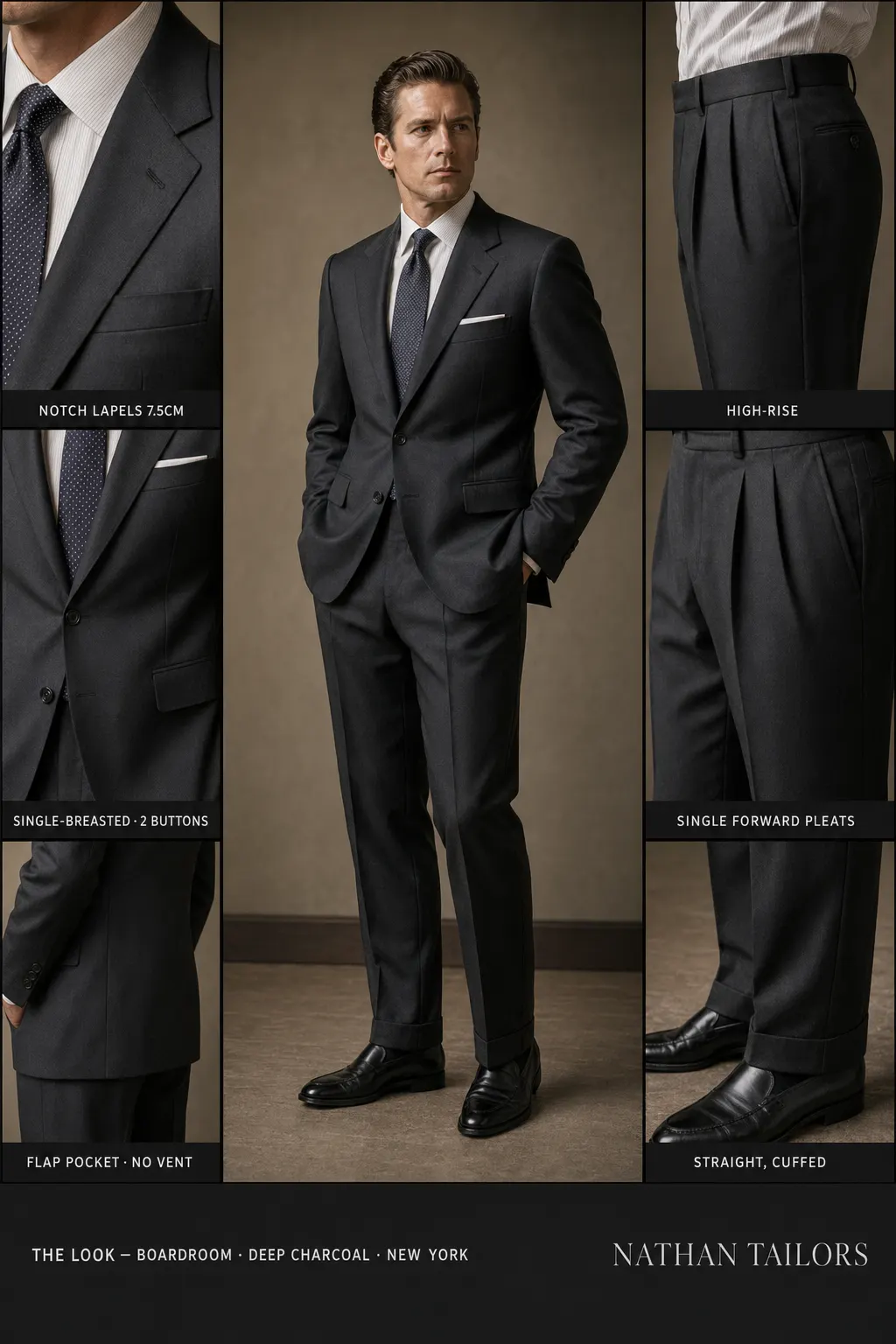 deep charcoal single-breasted notch-lapel bespoke suit — AI-rendered by Nathan Tailors, the Hoi An custom tailor. Available as a custom tailored suit from $149.