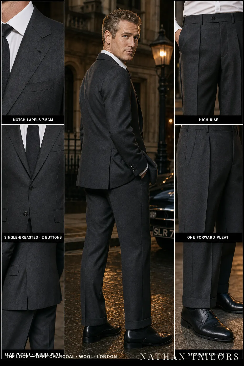 deep charcoal single-breasted notch-lapel bespoke suit — AI-rendered by Nathan Tailors, the Hoi An custom tailor. Available as a custom tailored suit from $149.