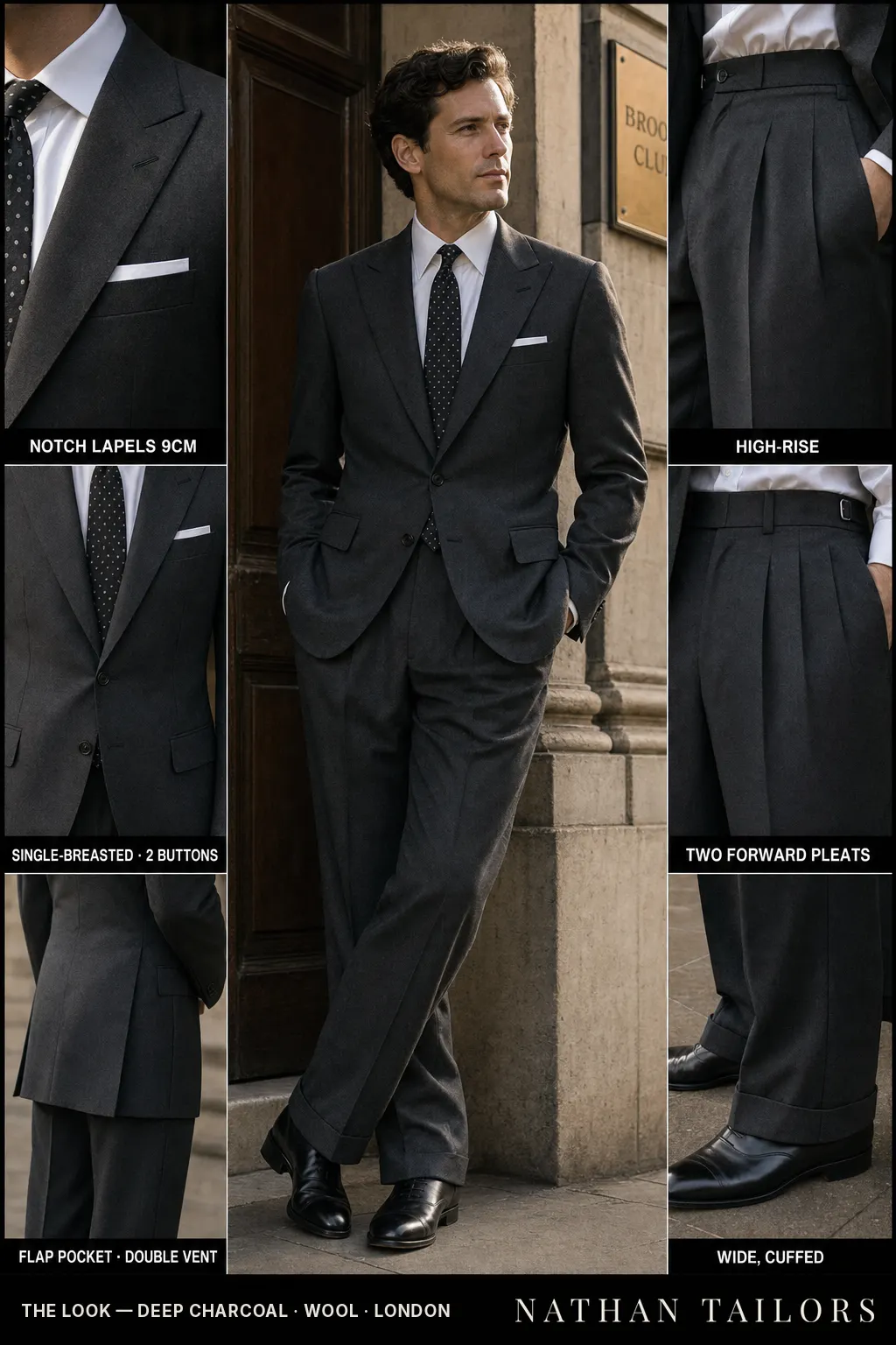 deep charcoal single-breasted notch-lapel bespoke suit — AI-rendered by Nathan Tailors, the Hoi An custom tailor. Available as a custom tailored suit from $149.