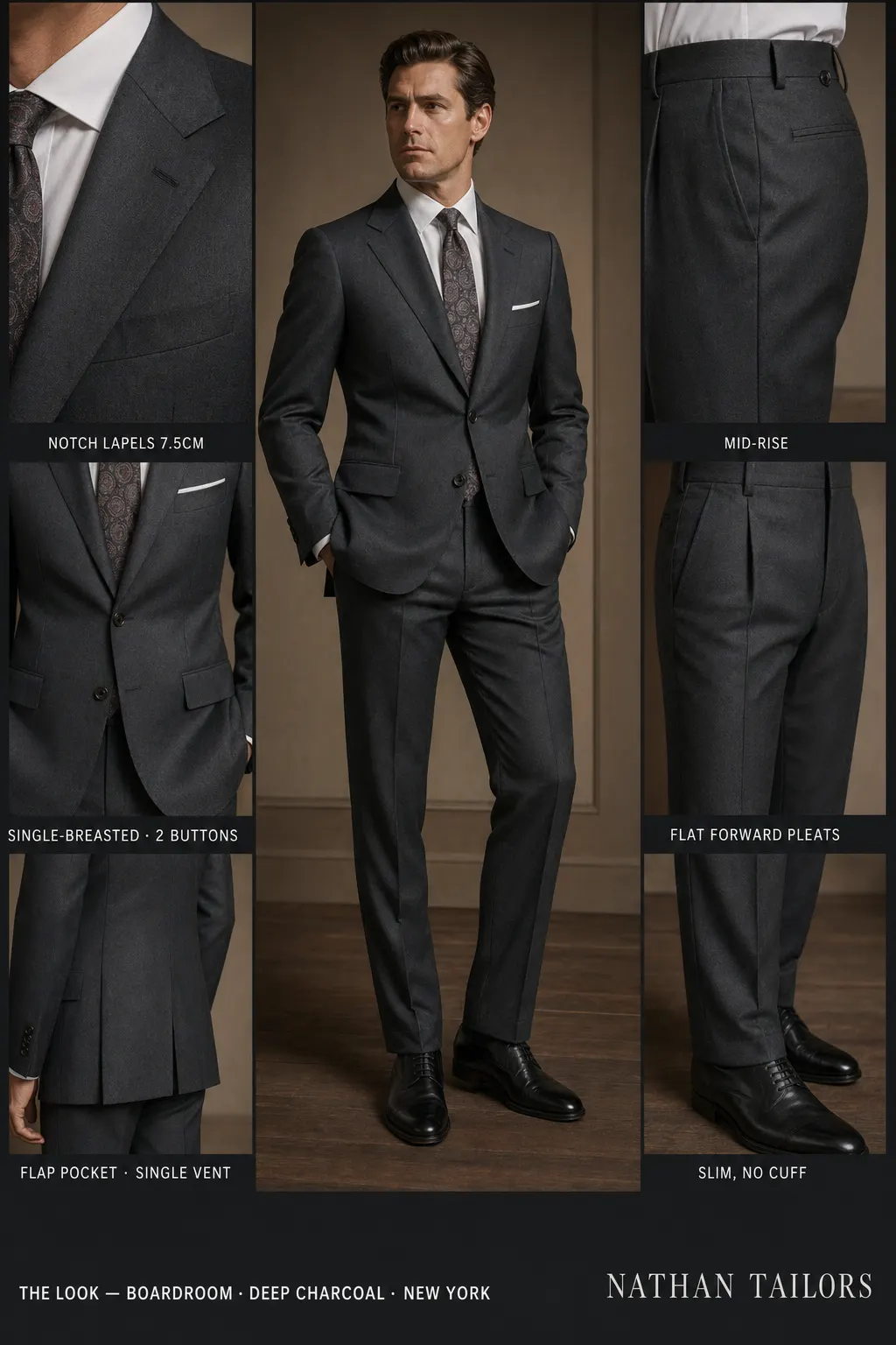 deep charcoal single-breasted notch-lapel bespoke suit — AI-rendered by Nathan Tailors, the Hoi An custom tailor. Available as a custom tailored suit from $149.
