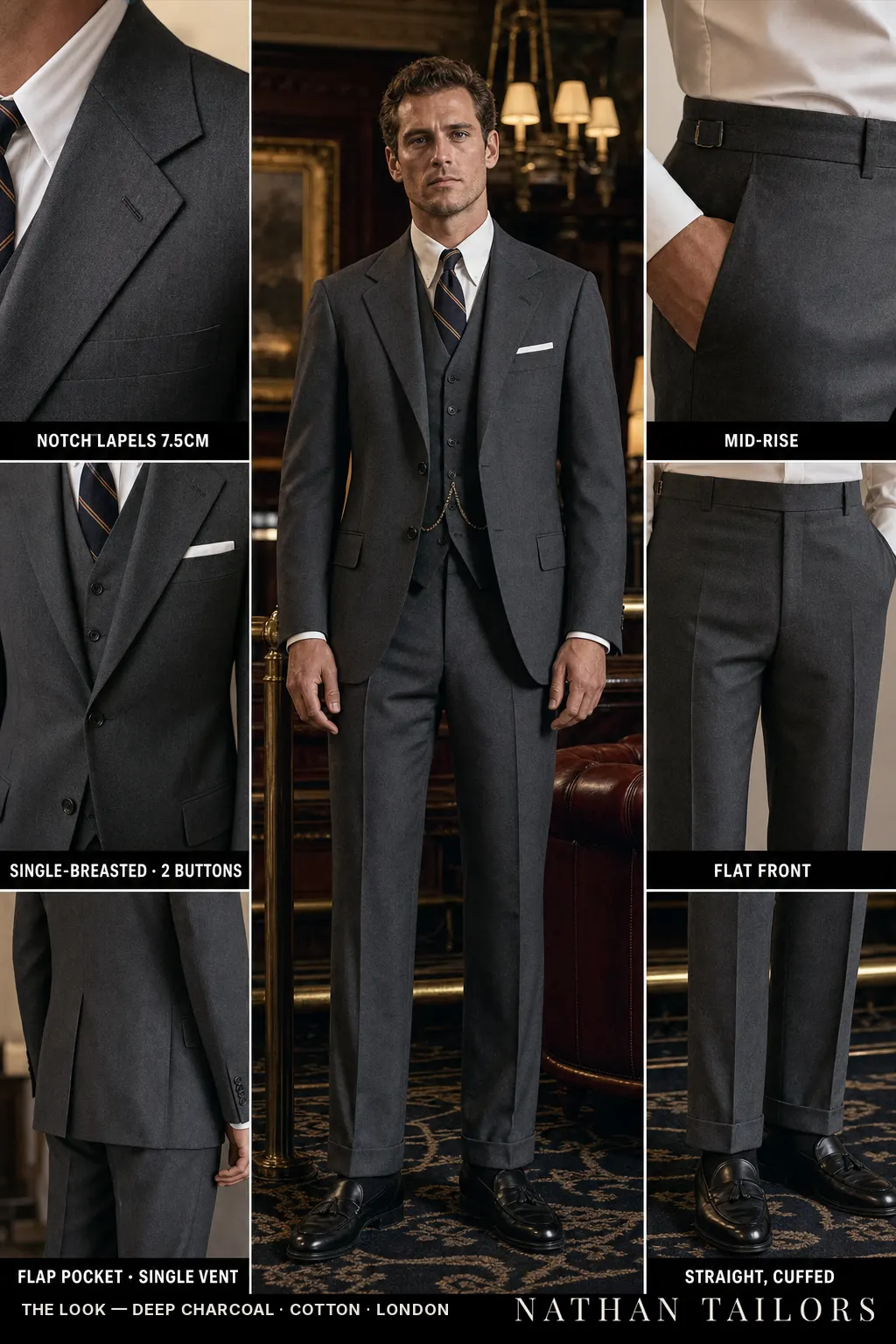 deep charcoal single-breasted notch-lapel bespoke suit โ AI-rendered by Nathan Tailors, the Hoi An custom tailor. Available as a custom tailored suit from $149.