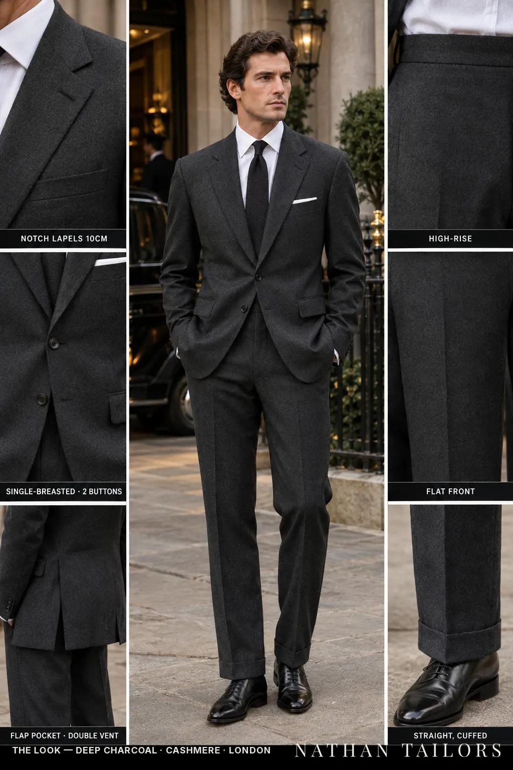 deep charcoal single-breasted bespoke suit — custom tailored by Nathan Tailors, the Hoi An custom tailor