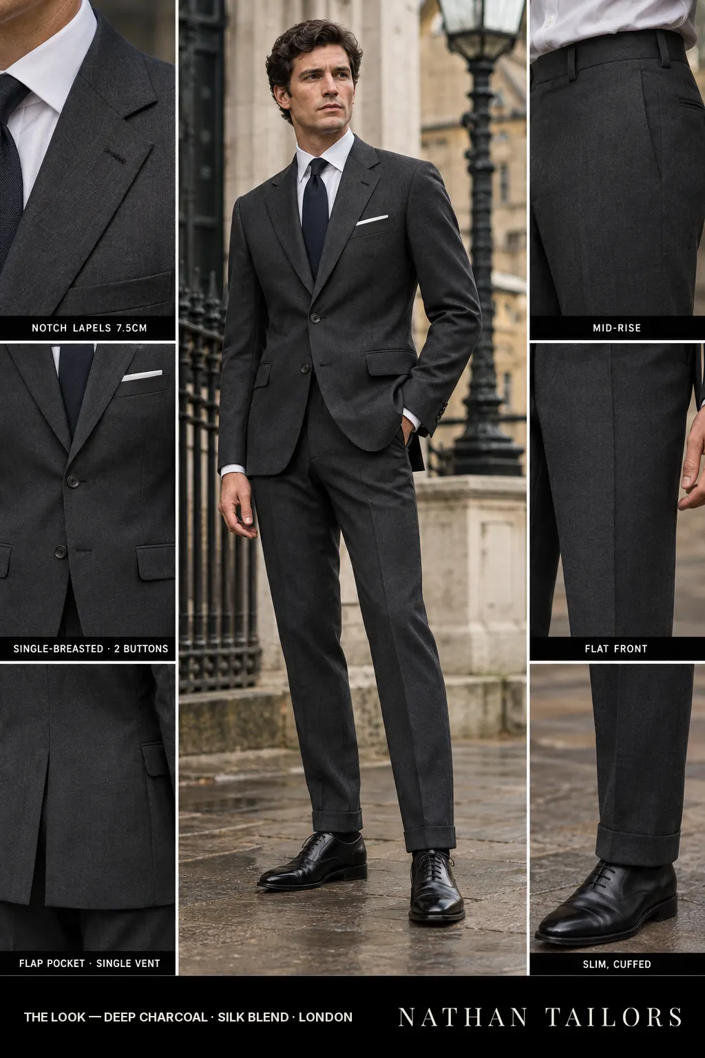 deep charcoal single-breasted bespoke suit — custom tailored by Nathan Tailors, the Hoi An custom tailor