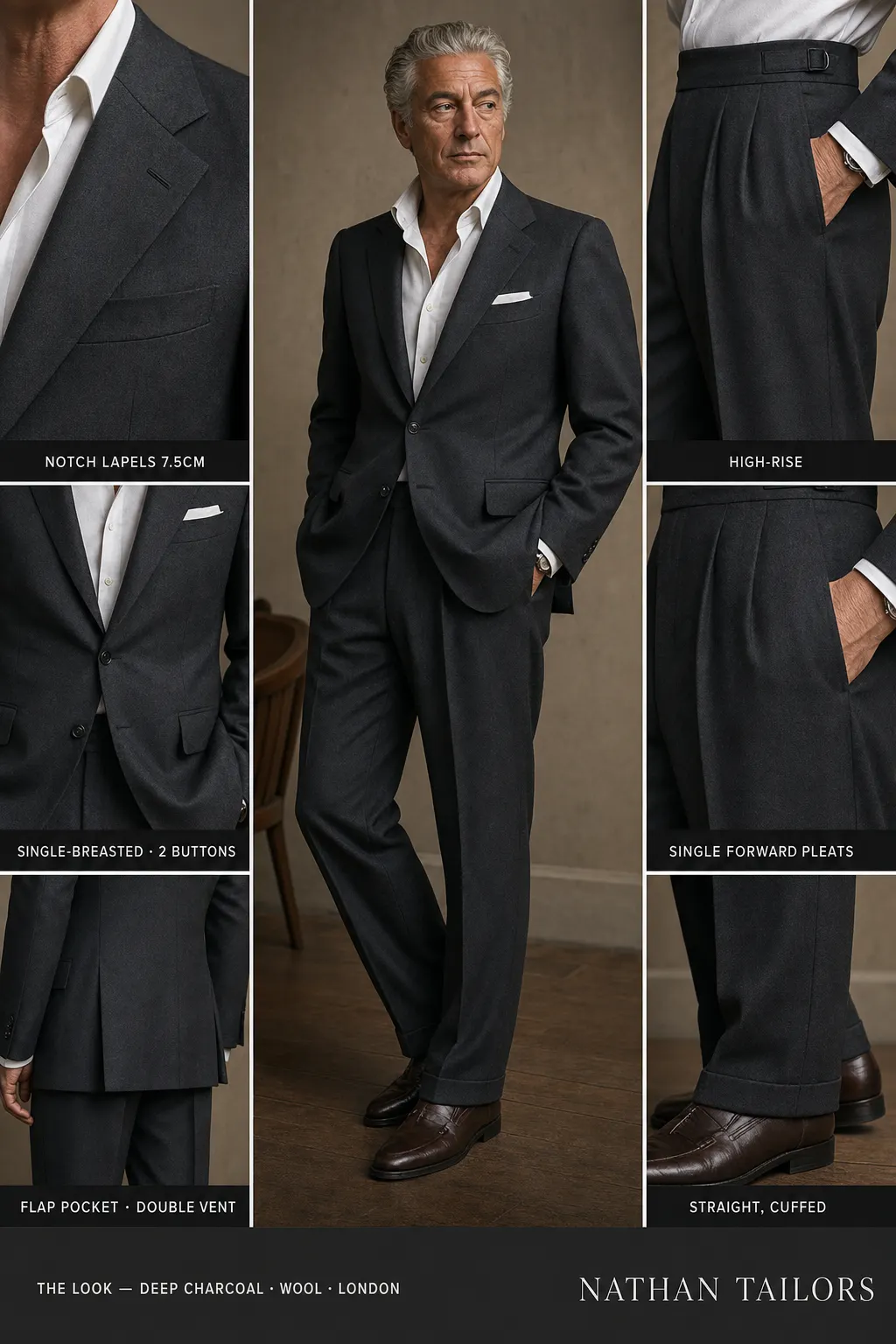 deep charcoal single-breasted notch-lapel bespoke suit — AI-rendered by Nathan Tailors, the Hoi An custom tailor. Available as a custom tailored suit from $149.