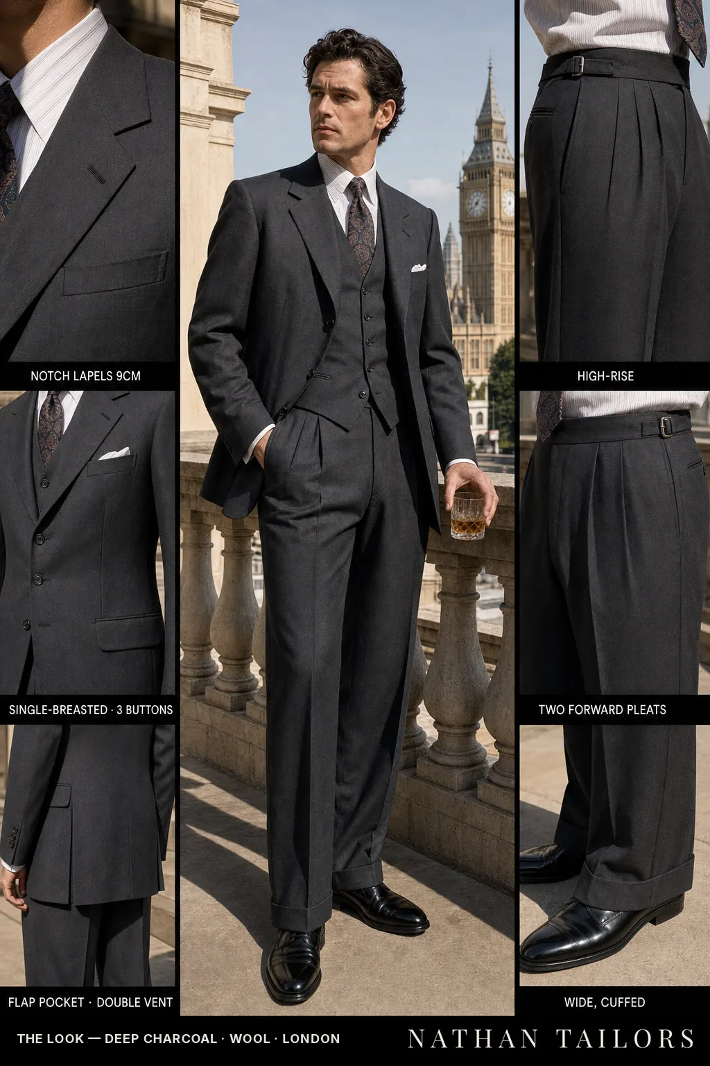 deep charcoal single-breasted bespoke suit — custom tailored by Nathan Tailors, the Hoi An custom tailor